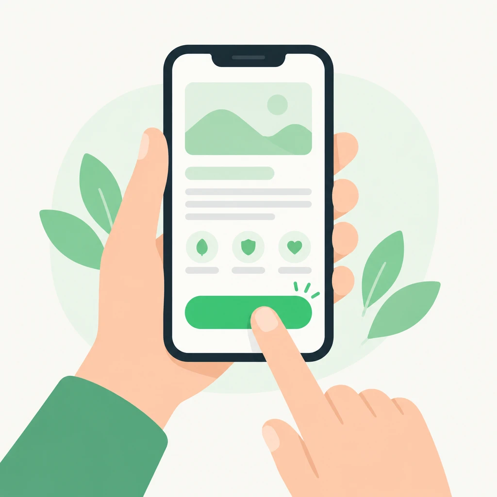 Ilustração de um celular com a página do Vegati Promo e o dedo tocando o botão verde