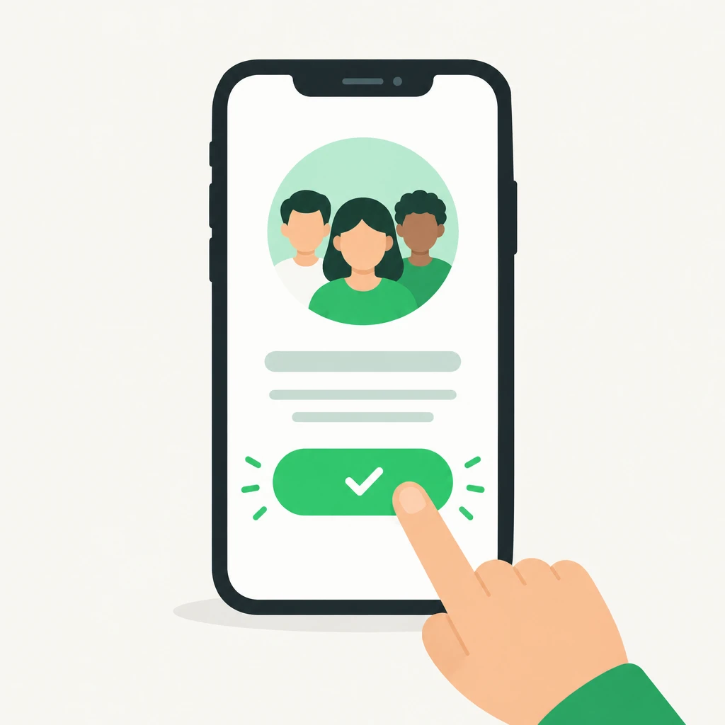 Ilustração de um celular mostrando o convite do grupo com o botão de confirmação